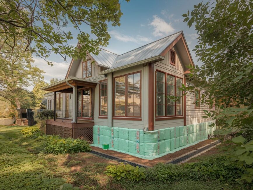 Stary dom podczas ocieplania fundamentów